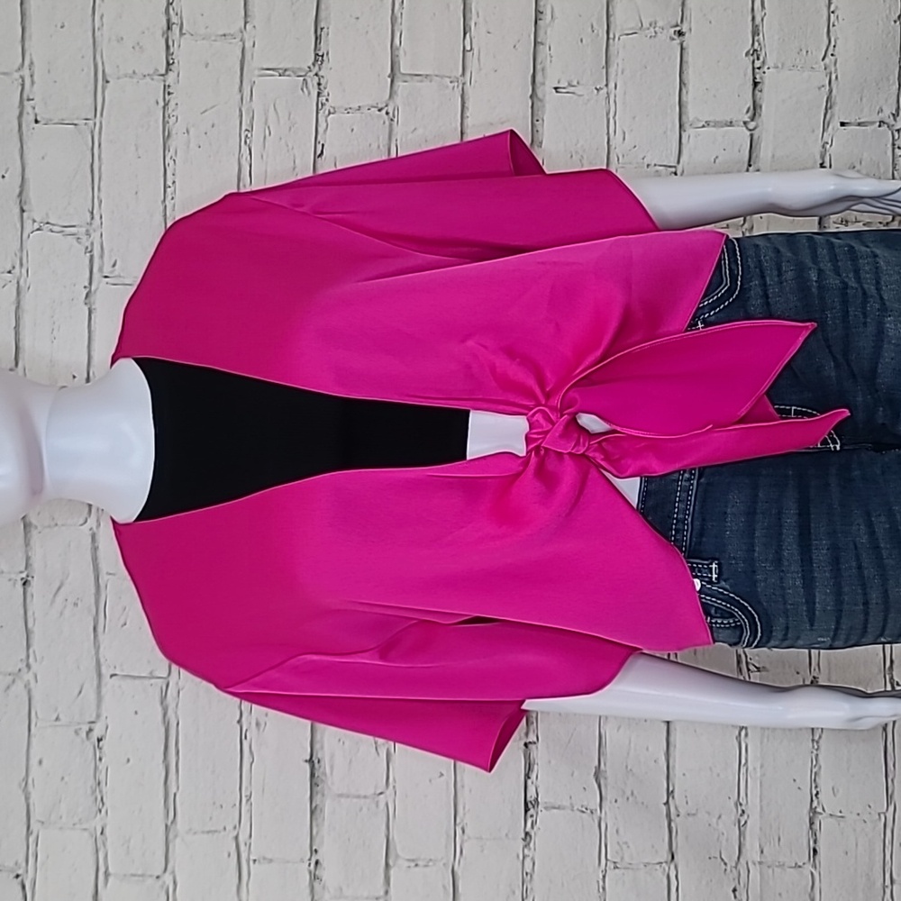 Jay Godfrey Drapey Flowy Knot-Front Dolman-Sleeve Satin Crop Top/Blouse Fuchsia
